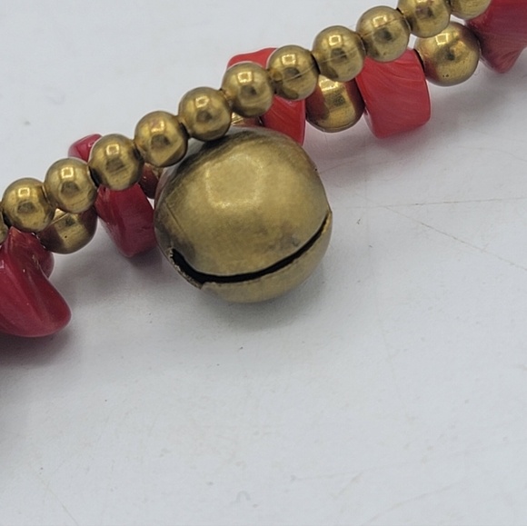 Coral Color Red Stone Chip Anklet Double Strand Gold Tone Beads Jingle Bells 11" - Picture 6 of 11